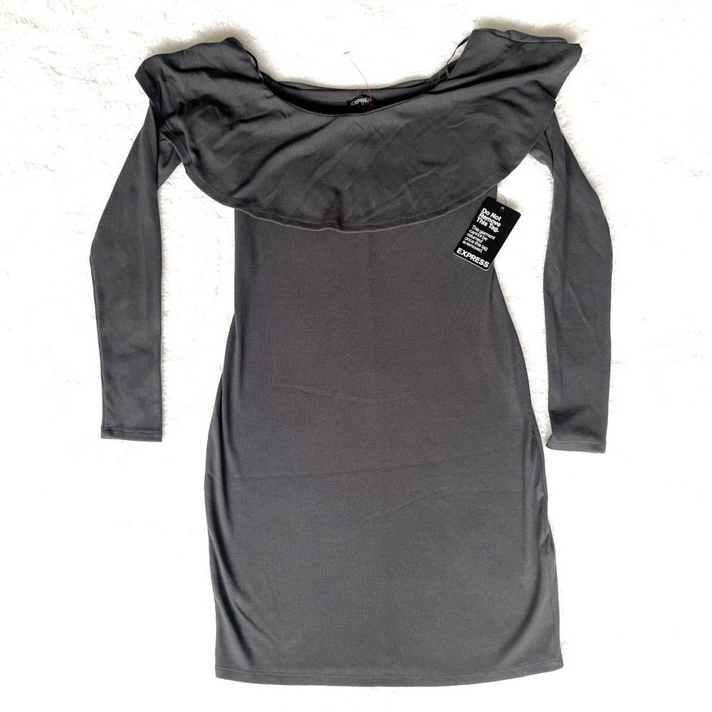 Express Off Shoulder Cowl Neck Long Sleeved Gray Knee Length Party Dress, Size S